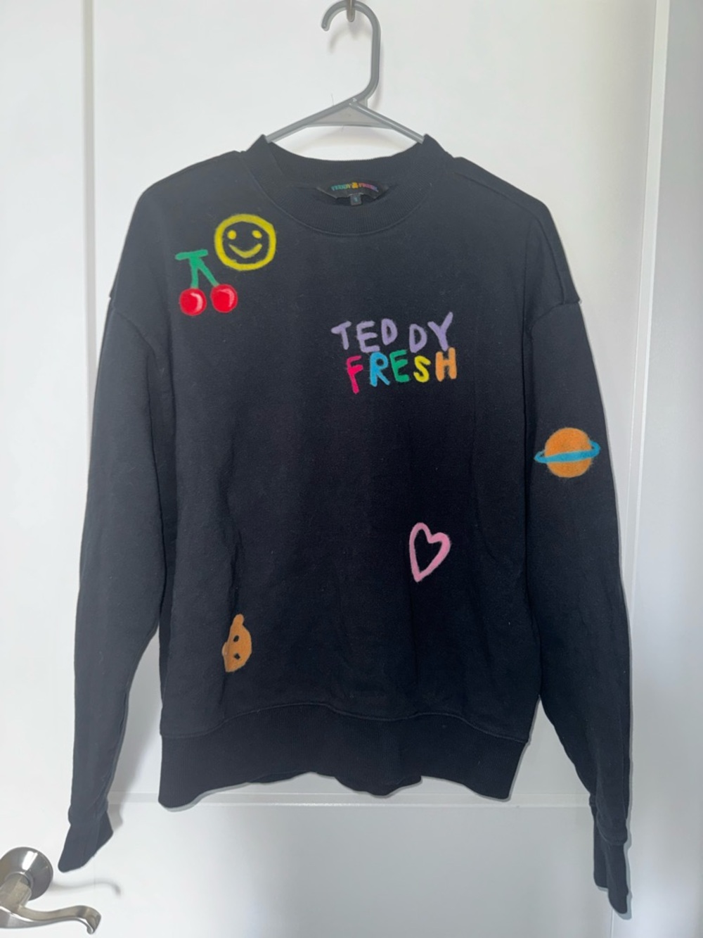 Teddy Fresh Black Crewneck with Colorful Felt Patches